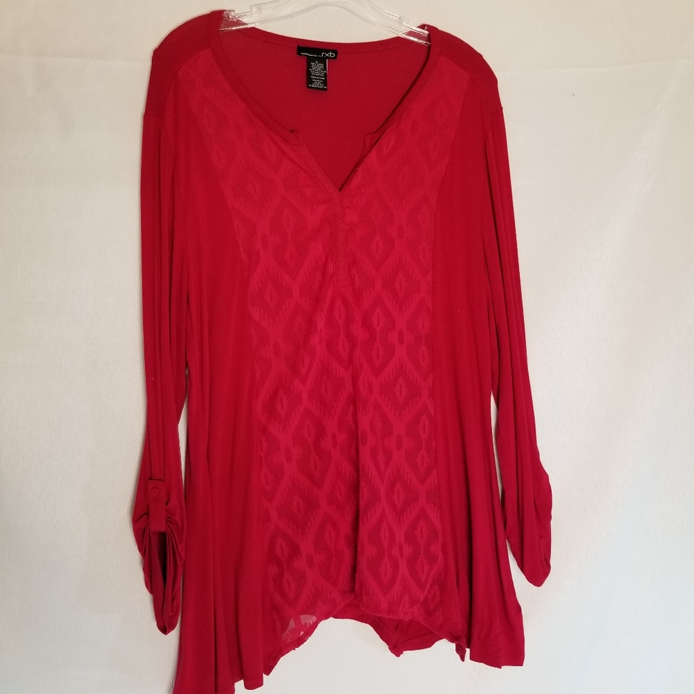 rxb Womans Size L Tunic Blouse V Neck 3/4 Roll Tab Sleeve Rhubarb Red Hanki Hem